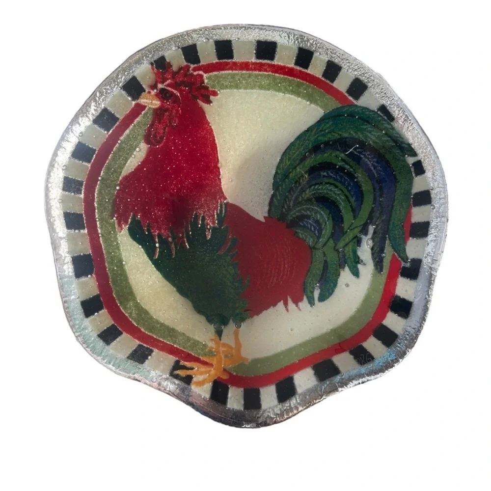 Glass Rooster Bowl Peggy Karr Signed Ruffled Edge Checker Trim Folk Art Decor - Picture 3 of 4
